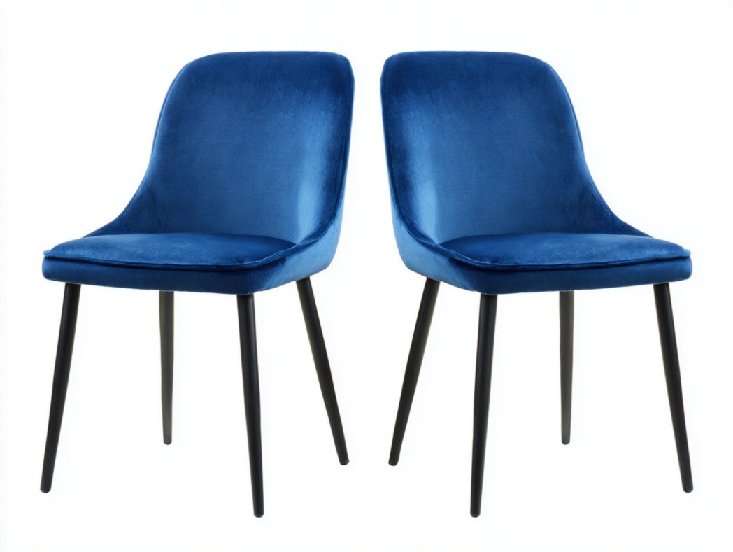 Lot de 2 chaises en velours bleu avec dossier arrondi et pieds en métal noir