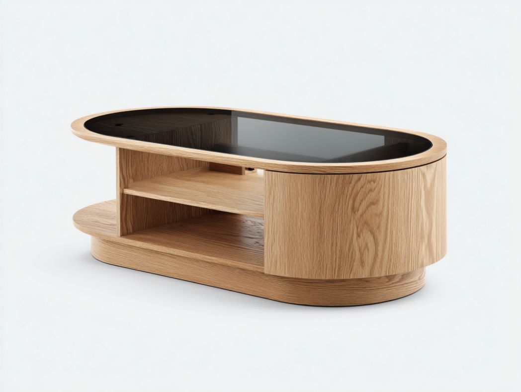Table basse ovale avec plateau en verre noir et structure chêne – rangements ouverts