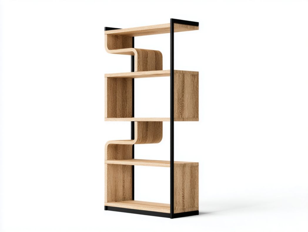 Vaisselier design géométrique 5 compartiments ouverts, MDF bois clair et cadre métal noir