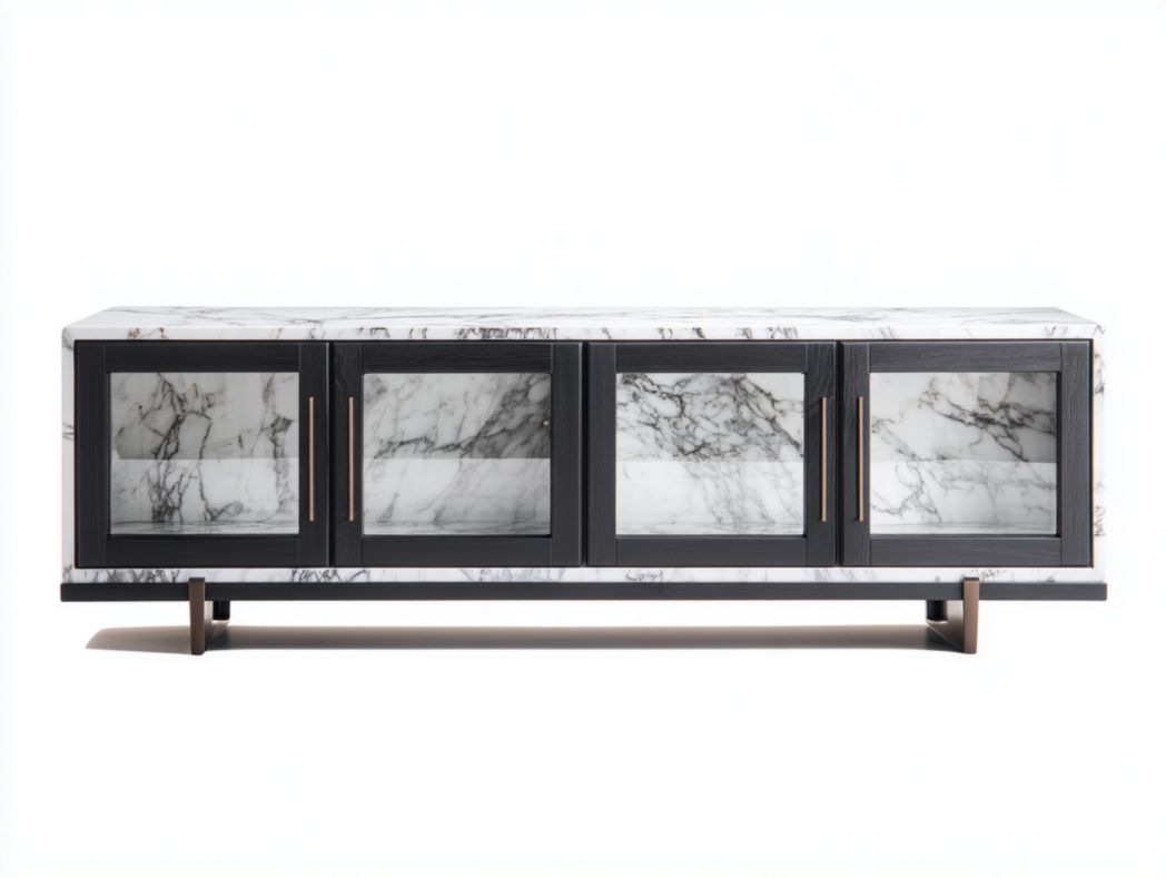 Meuble TV marbré noir et blanc avec 4 portes vitrées