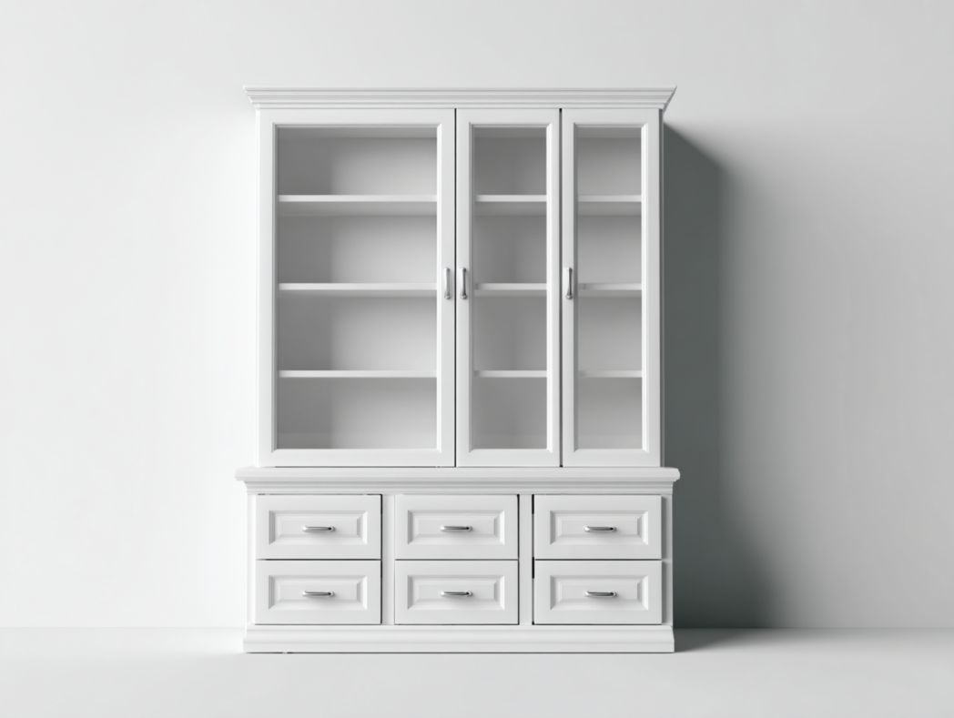 Buffet haut blanc avec portes vitrées et tiroirs de rangement