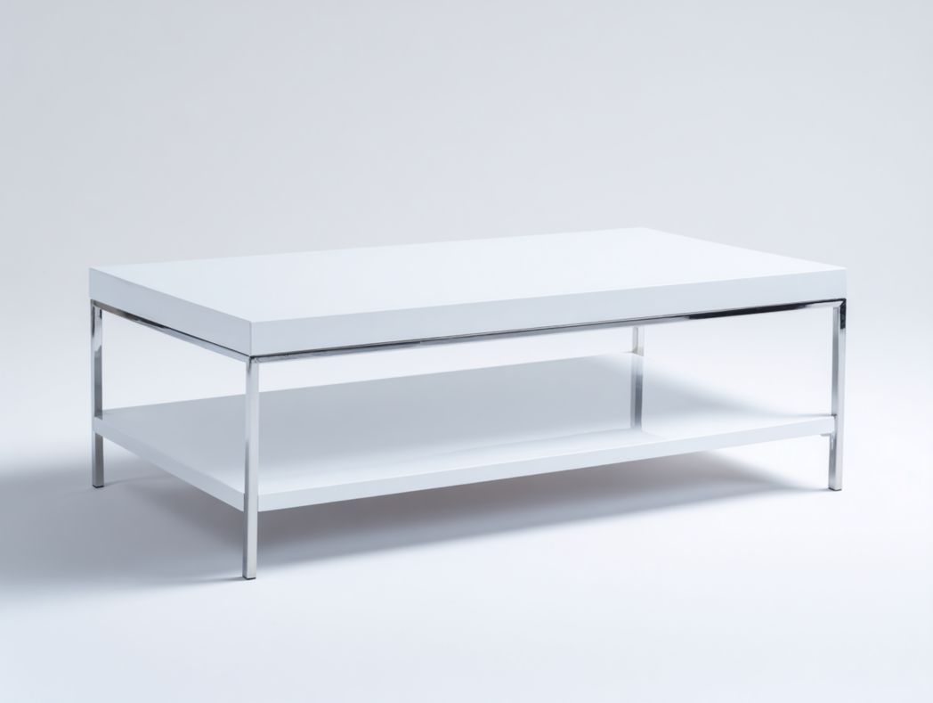 Table basse rectangulaire blanche avec structure métal chromé et étagère