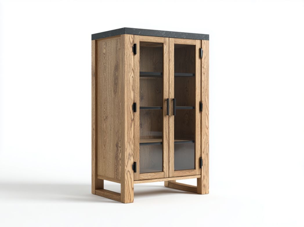 Vitrine en chêne clair avec portes vitrées et étagères multiples