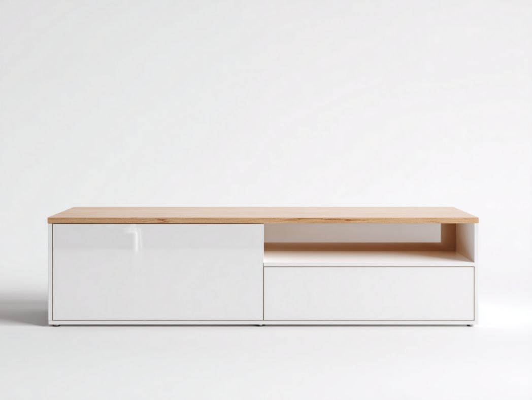 Meuble TV bois clair et blanc avec porte, tiroir et niche ouverte