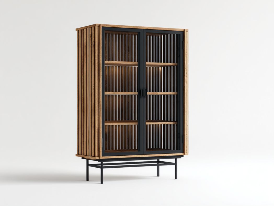 Vitrine en bois et métal noir avec portes vitrées à lattes – design moderne japonais
