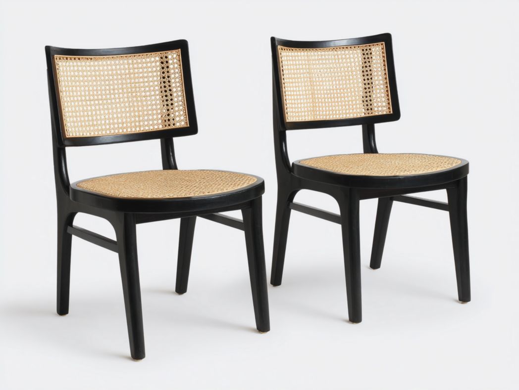 Lot de 2 chaises en bois noir avec assise et dossier en rotin tressé