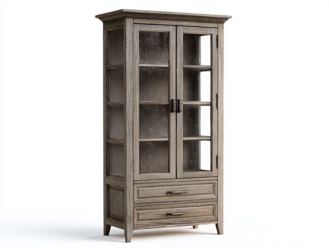 Vitrine en bois gris avec portes vitrées, étagères et deux tiroirs