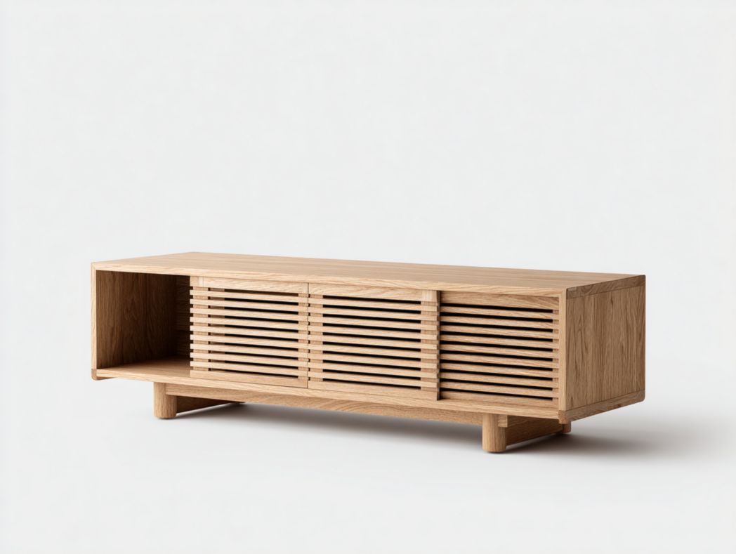Meuble TV bois naturel avec portes à persiennes et niche ouverte
