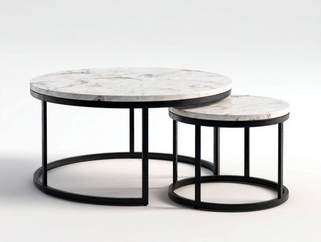 Table basse ronde gigogne marbre blanc et métal noir