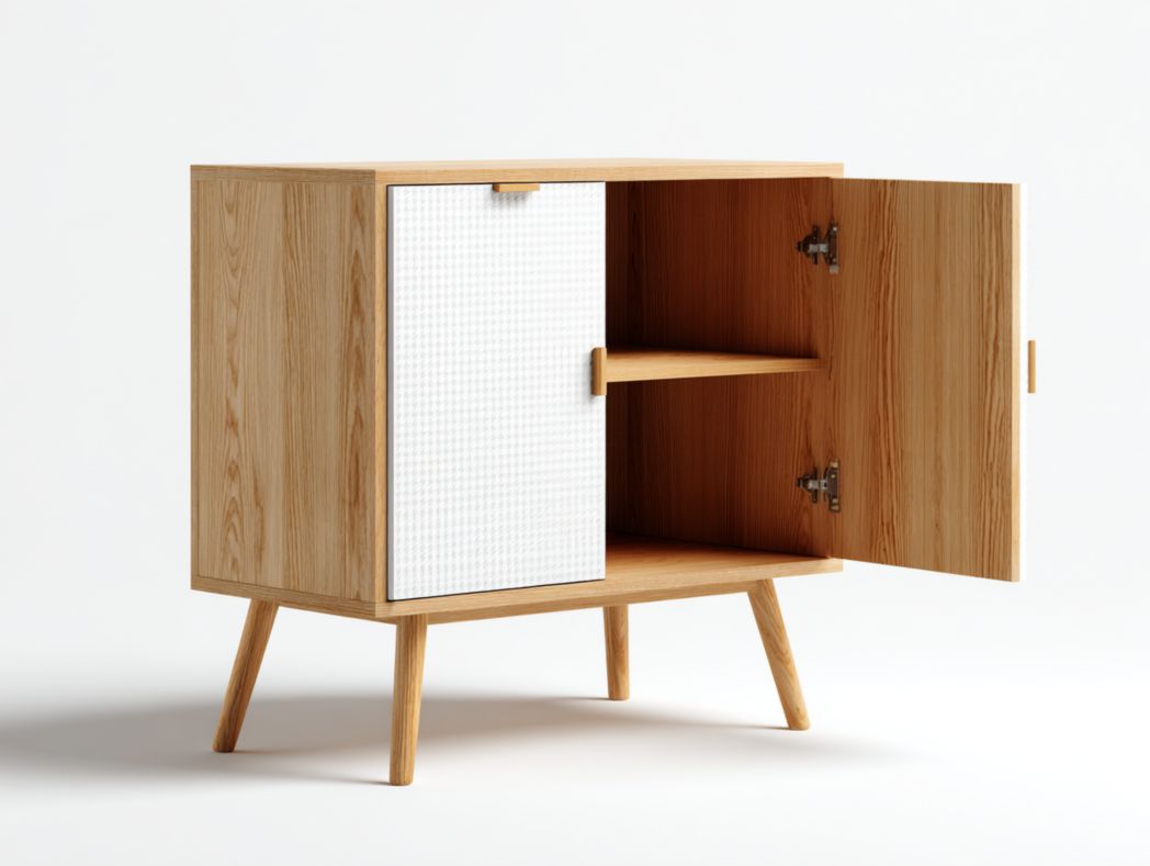 Meuble bar scandinave en bois avec portes blanches texturées et pieds hauts