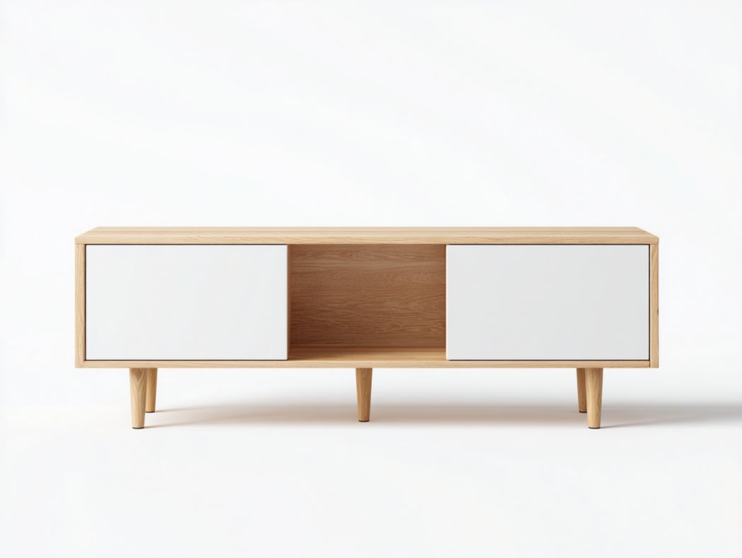 Meuble TV en bois clair avec 2 portes blanches et niche ouverte