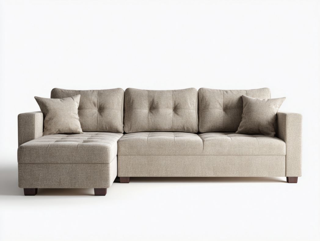 Canapé d’angle en tissu beige clair avec méridienne gauche, 3 dossiers, 3 assises et 2 coussins assortis