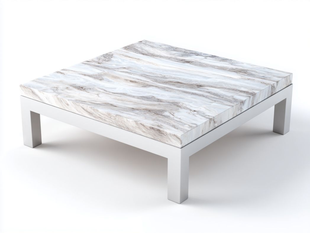 Table basse carrée moderne – plateau effet marbre et structure métallique