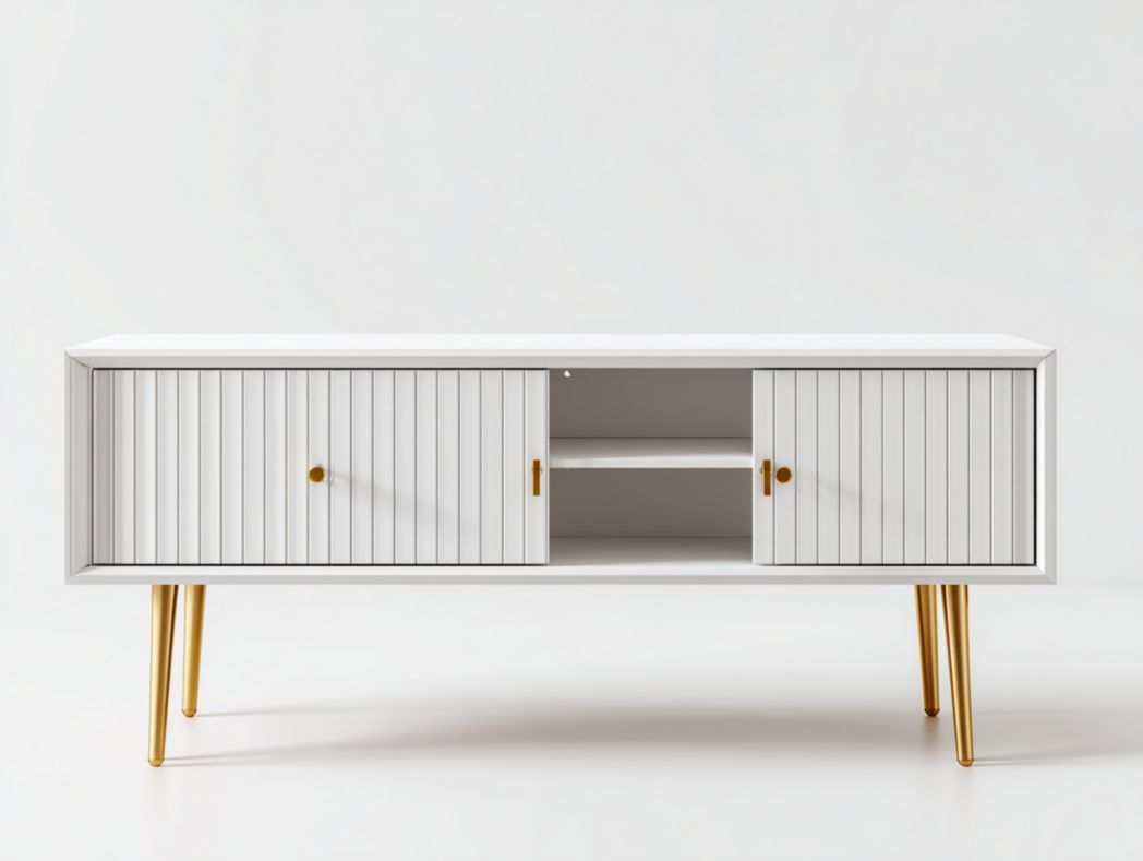 Meuble TV blanc avec pieds dorés, deux rangements fermés et niche centrale ouverte