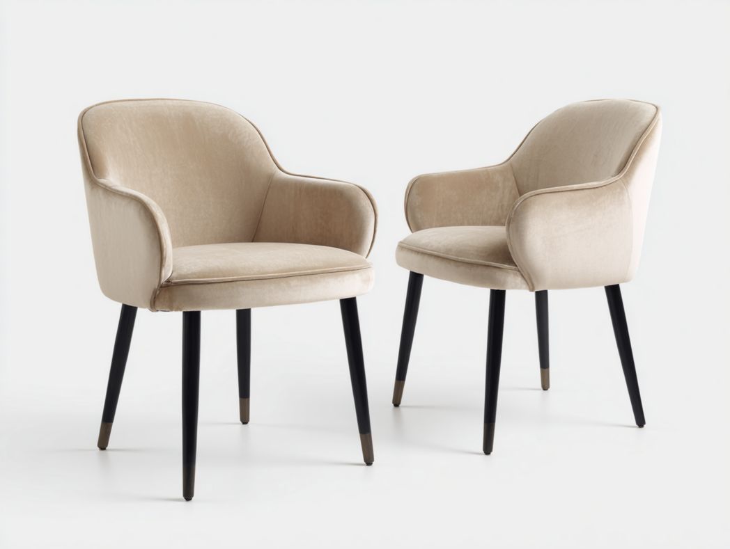 Lot de 2 chaises de salle à manger en velours beige avec accoudoirs et dossier arrondi, pieds en métal noir