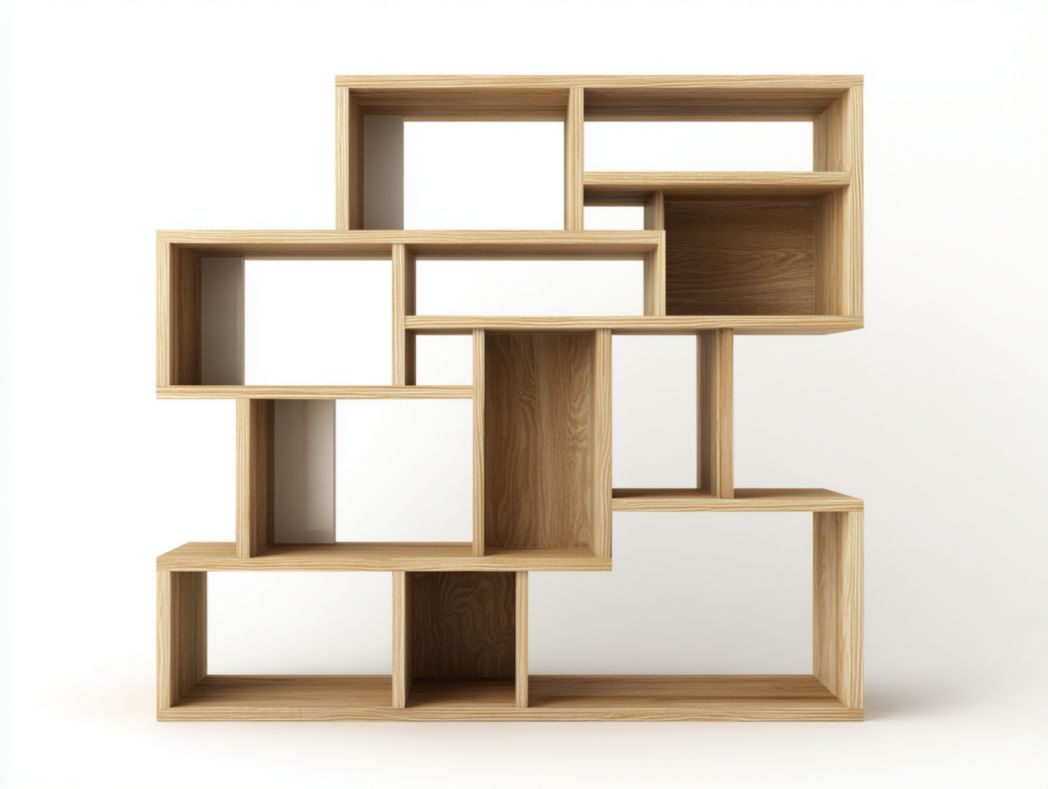 aisselier design géométrique en bois naturel avec multiples compartiments ouverts