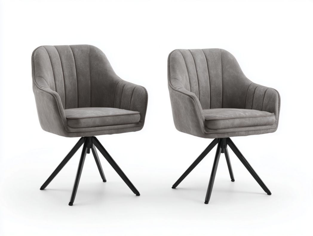 Lot de 2 chaises pivotantes en velours gris avec dossier à coutures verticales et pieds en métal noir