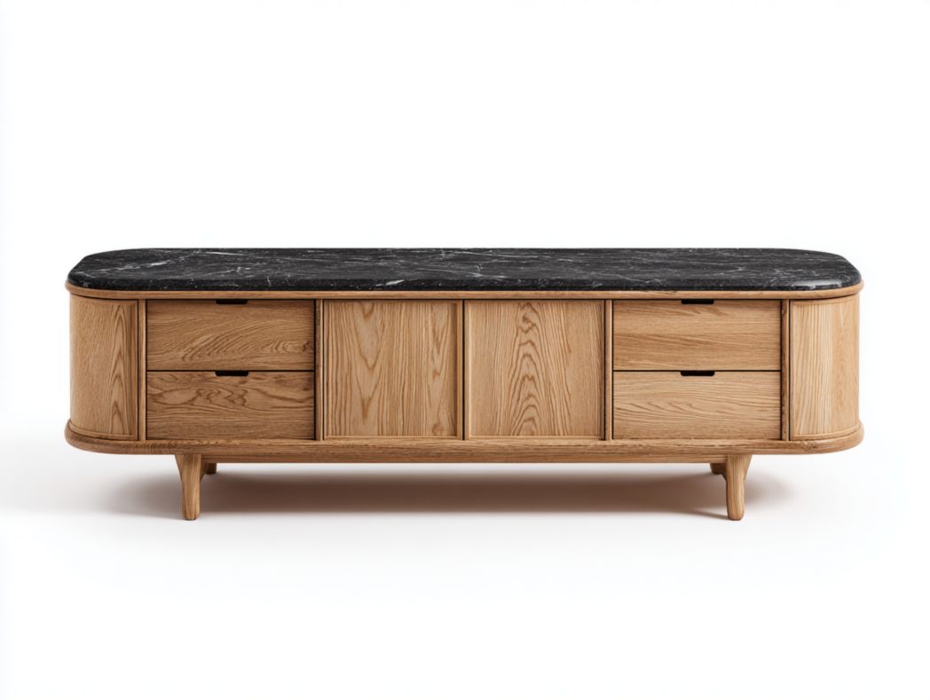 Meuble TV bois naturel avec plateau en marbre noir et rangements multiples
