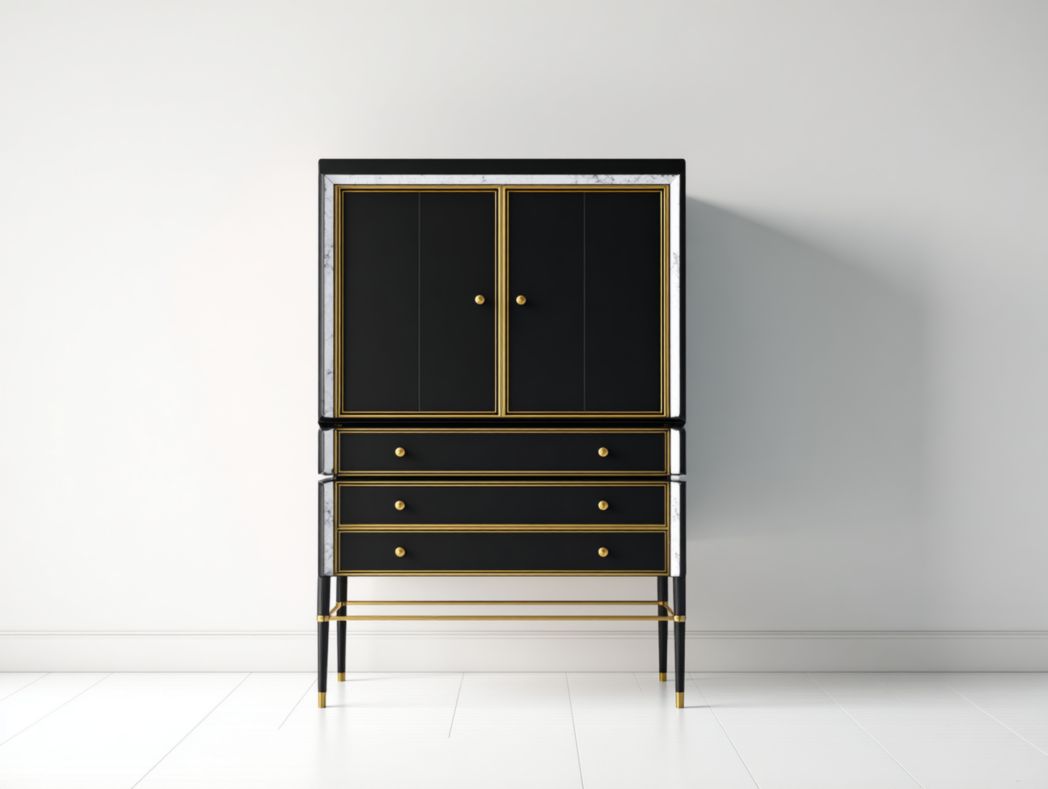 Buffet haut design luxe noir avec portes, tiroirs et détails dorés