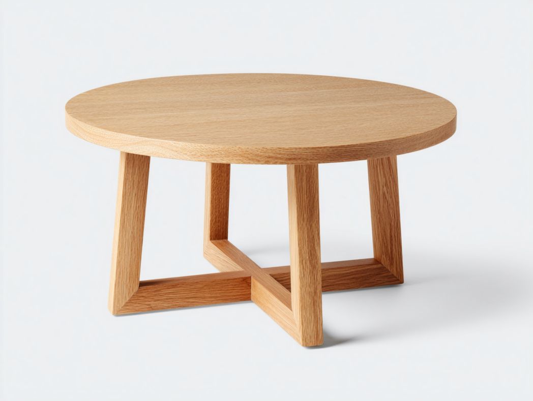 Table basse ronde en bois naturel avec piètement croisé