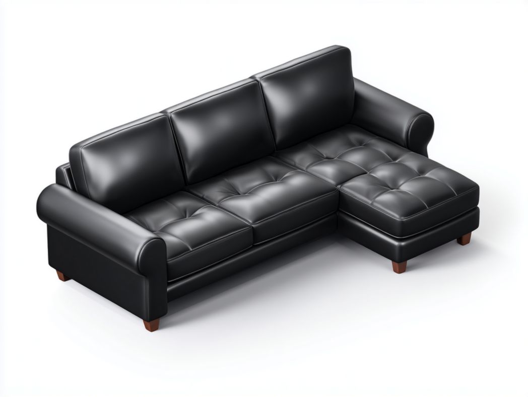 Canapé d’angle 3 places + méridienne en simili cuir noir avec assise capitonnée