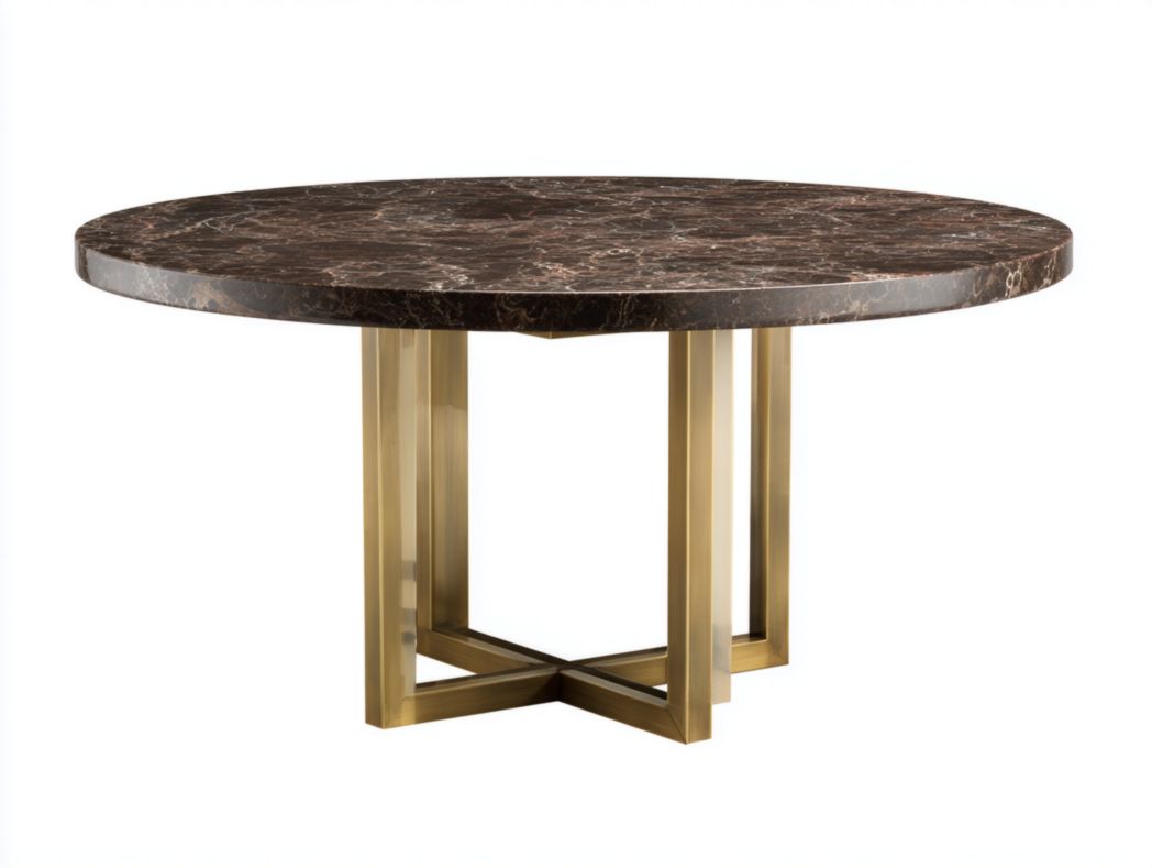 Table ronde en marbre brun – Plateau poli et pieds croisés en métal doré – 1 pièce