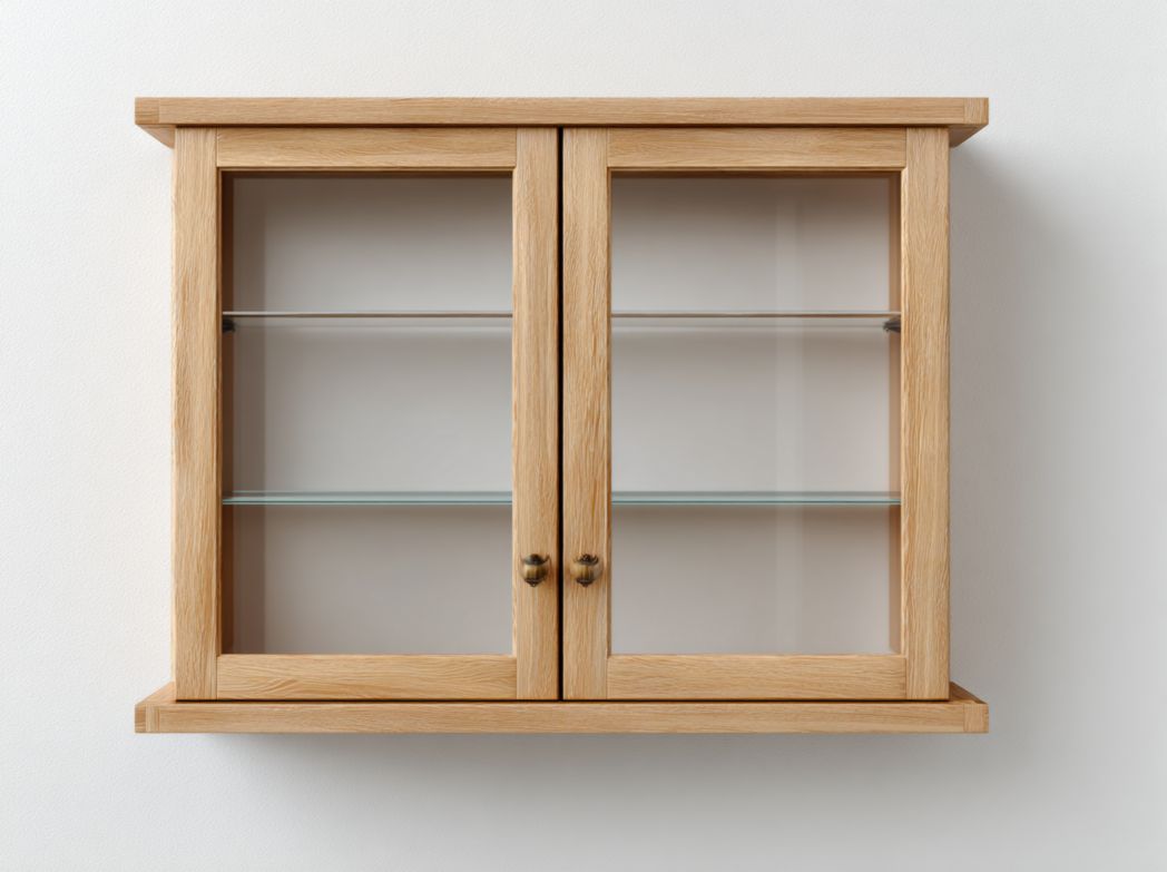 Vitrine murale en bois naturel avec portes vitrées et étagères en verre