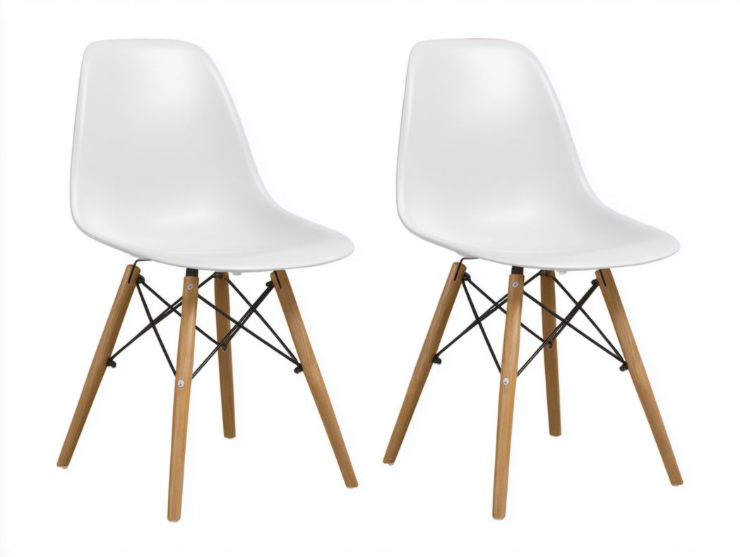 Lot de 2 chaises coque blanches avec pieds en bois et renfort métallique noir