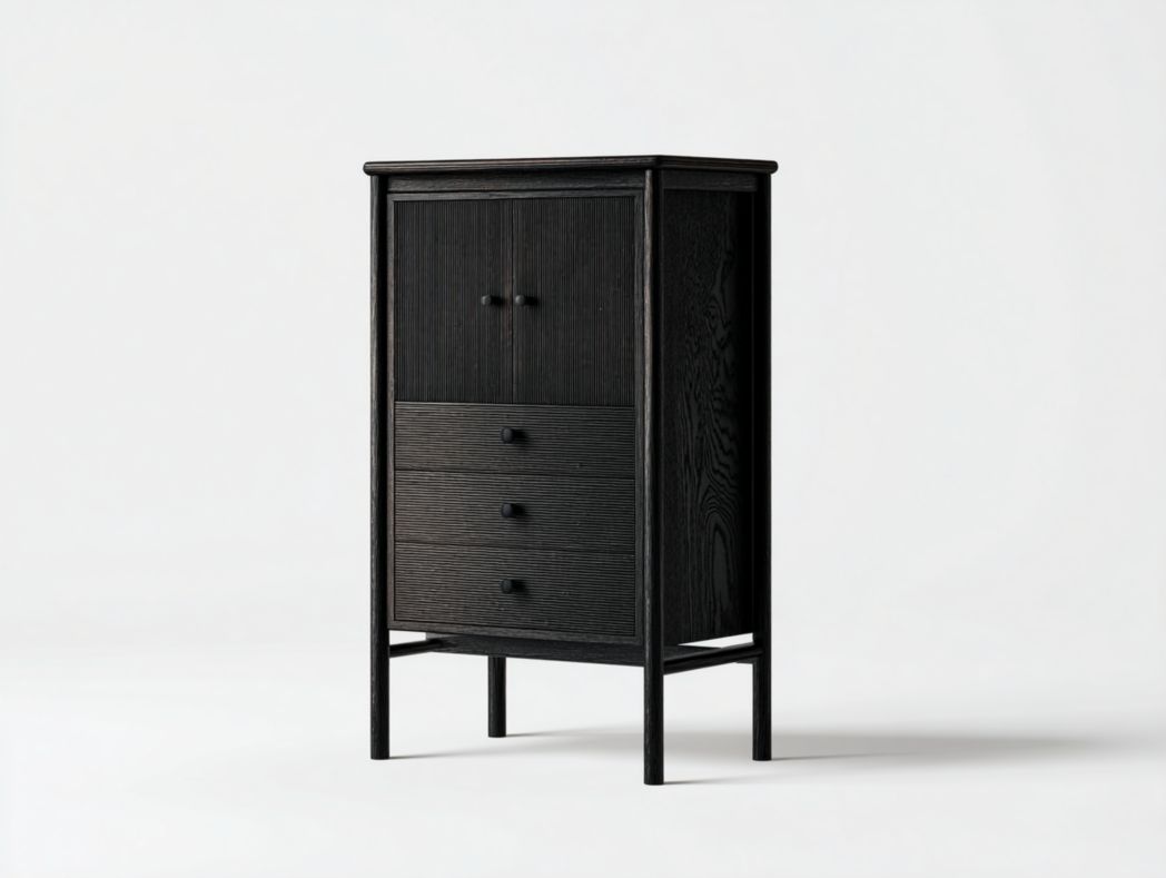 Buffet haut vintage moderne noir à 2 portes et 3 tiroirs sur pieds