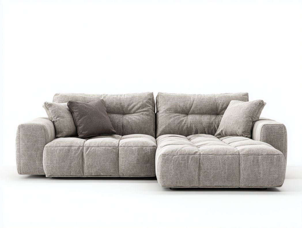 Canapé d’angle en tissu gris clair avec dossiers matelassés et coussin décoratif foncé