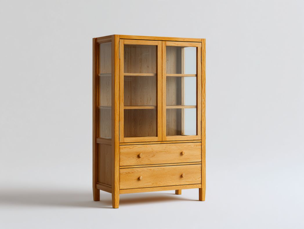 Buffet haut en chêne clair avec portes vitrées et tiroirs