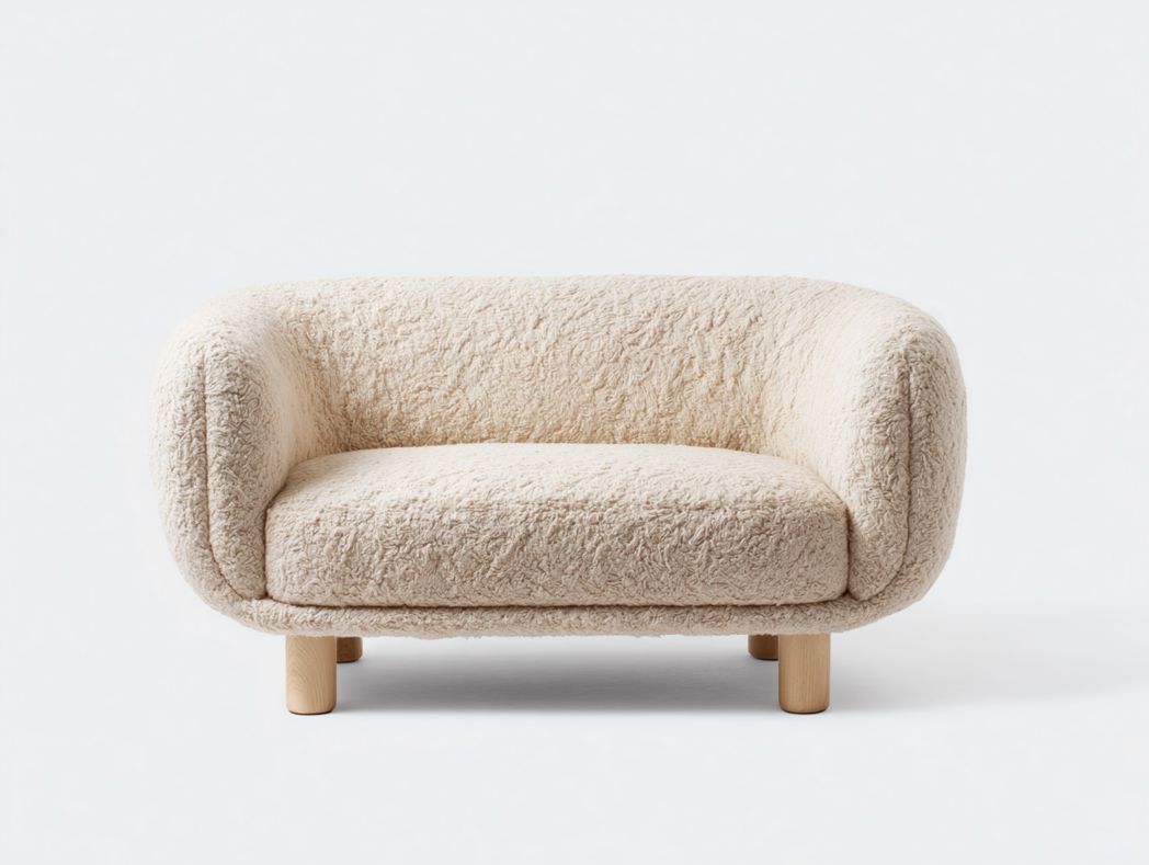 Canapé 2 places en tissu bouclette blanc cassé avec forme arrondie et pieds cylindriques en bois