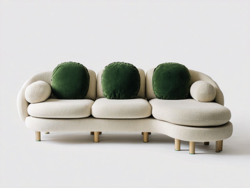 Canapé 3 places en tissu beige avec 3 coussins ronds verts et 2 traversins assortis
