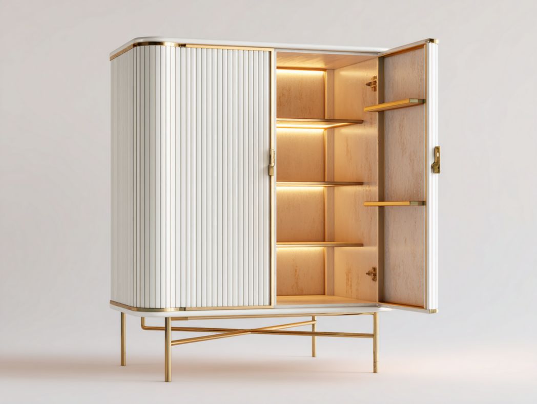 Vitrine en bois et métal noir avec portes vitrées à lattes – design moderne japonais