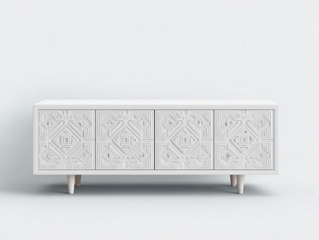 Meuble TV blanc avec façades à relief géométrique et 4 portes fermées