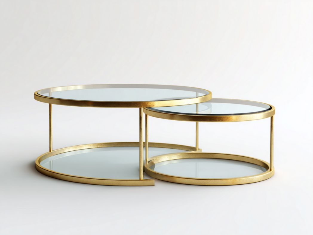 Ensemble de tables basses rondes en verre avec structure métallique dorée