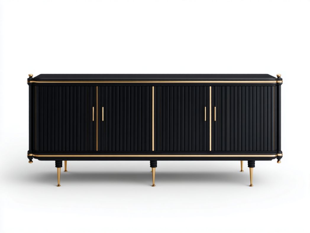 Buffet chic à 4 portes noir avec finitions dorées et façades à rainures verticales