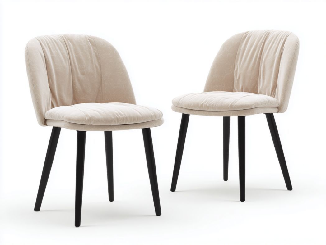Lot de 2 chaises en velours beige avec dossier arrondi plissé et pieds en métal noir