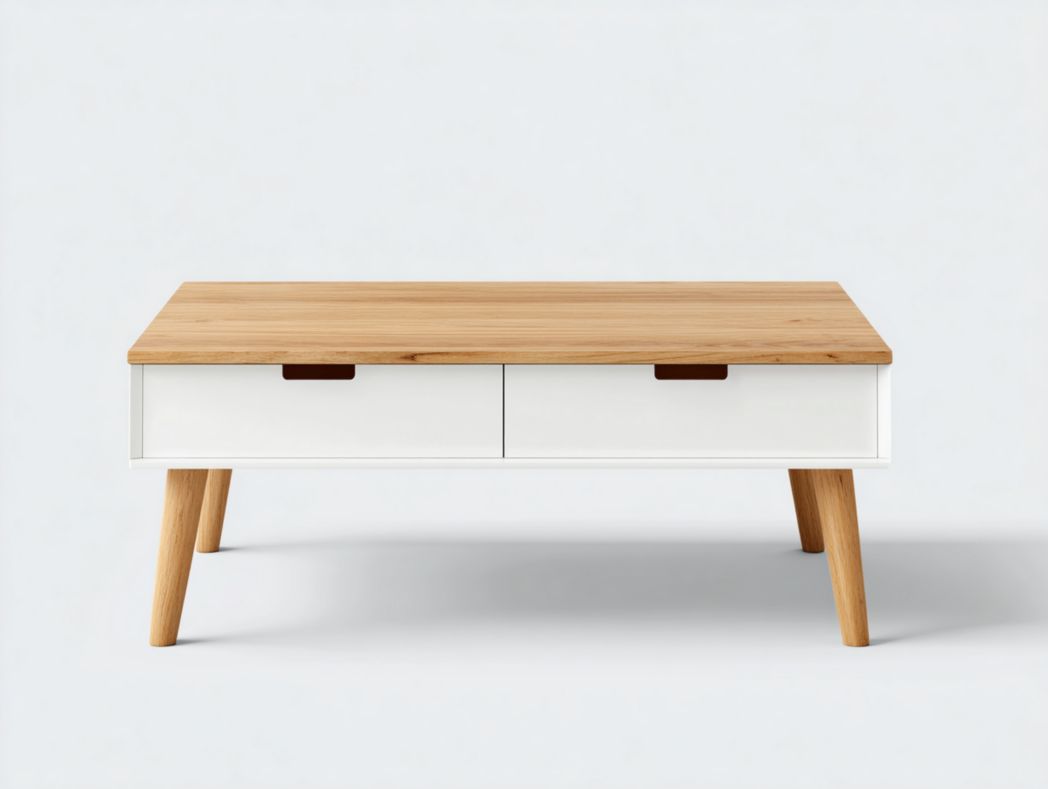Table basse rectangulaire bois et blanc avec tiroirs – style scandinave