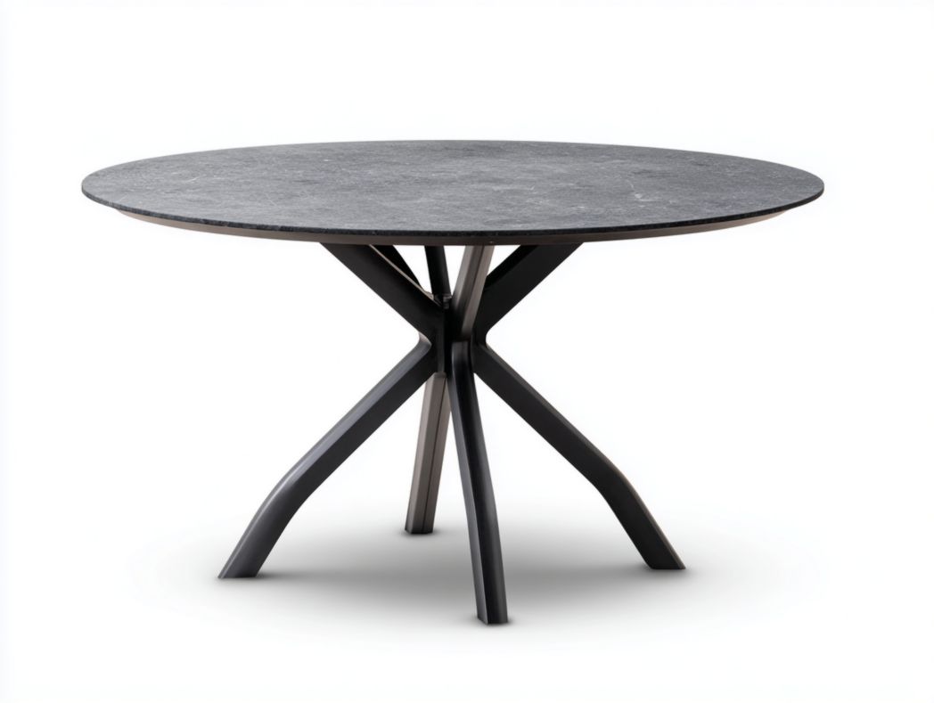 Table ronde extensible en pierre grise avec piètement croisé en métal – 1 pièce