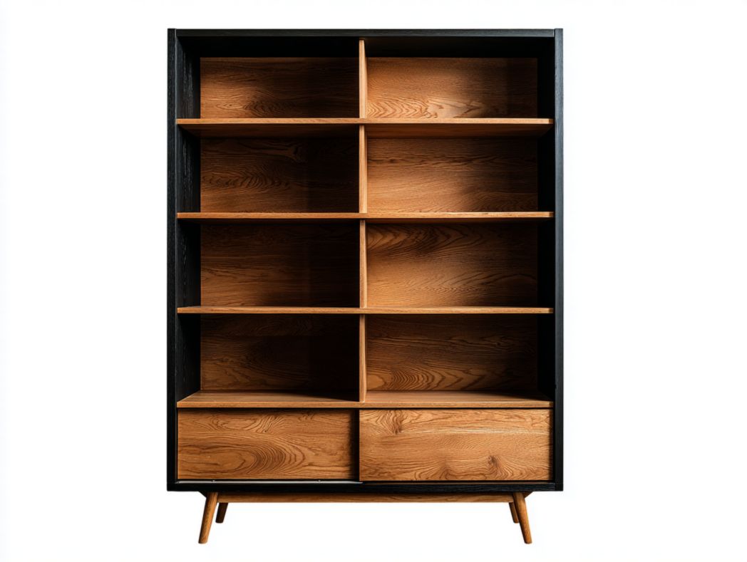 Buffet nordique 10 niches et 2 tiroirs, cadre noir et panneaux bois naturel
