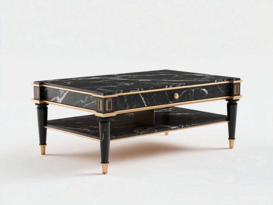 Table basse rectangulaire marbre noir avec tiroir et étagère dorée