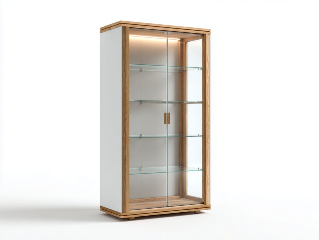 Vitrine moderne avec éclairage LED, portes vitrées et structure bois