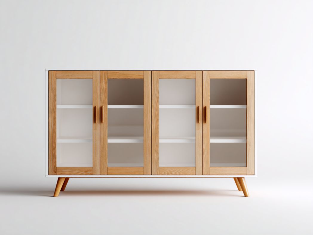 Meuble de bar nordique avec 4 portes vitrées en bois et rangement