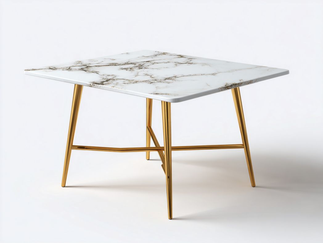 Table carrée moderne – Plateau marbré blanc avec pieds métalliques dorés – 1 pièce