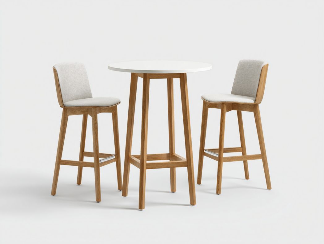 Ensemble mange debout scandinave table ronde bois clair avec chaises hautes rembourrées