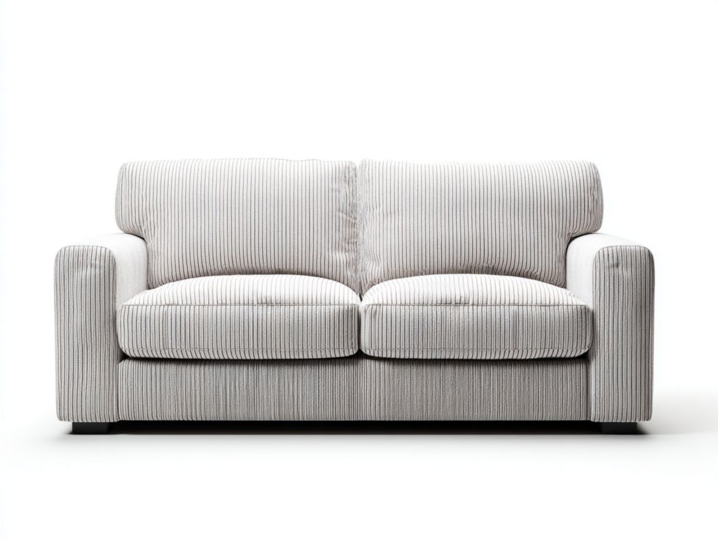 Canapé 2 places en tissu rayé gris clair avec accoudoirs droits et dossier moelleux