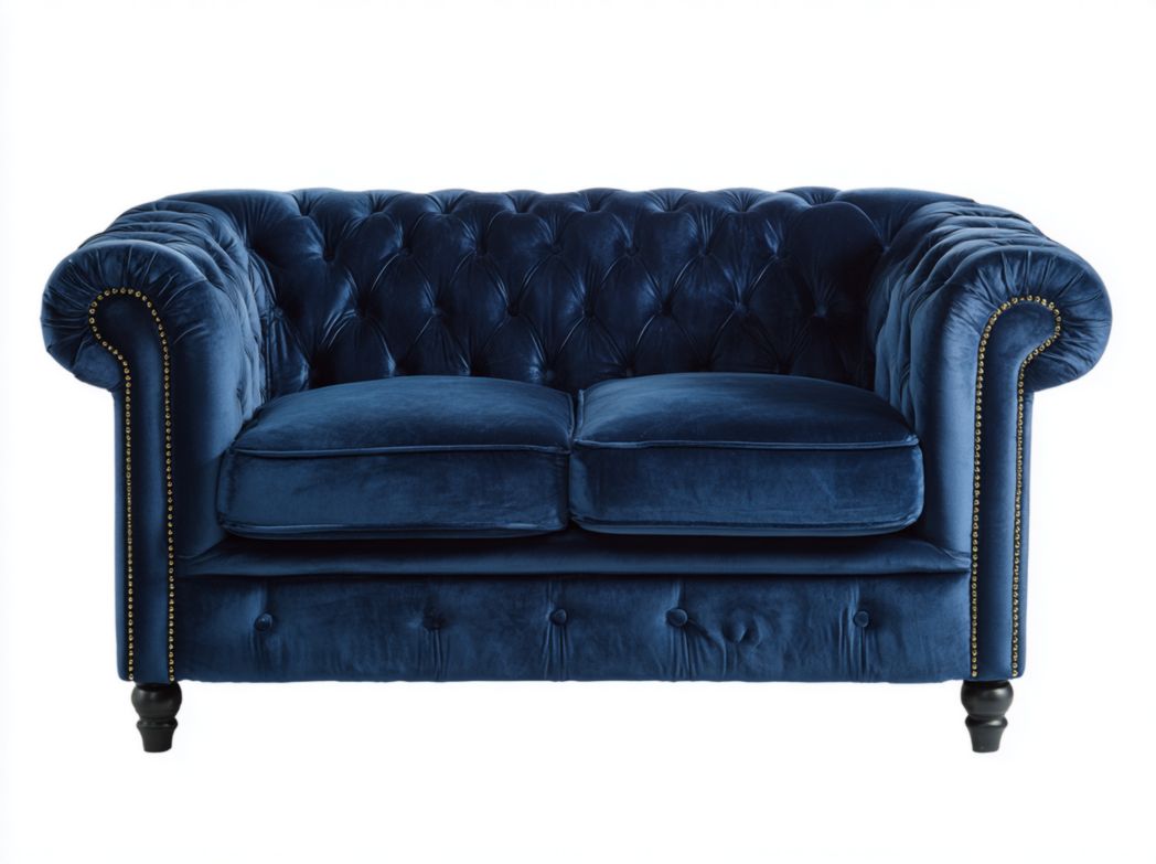 Canapé 2 places en velours bleu avec dossier capitonné, accoudoirs roulés et clous décoratifs