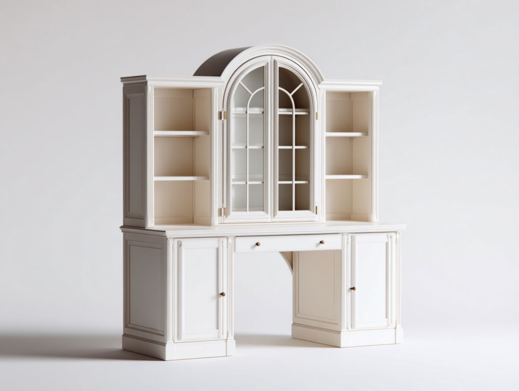 Meuble bar haut blanc avec portes vitrées cintrées et rangements multiples