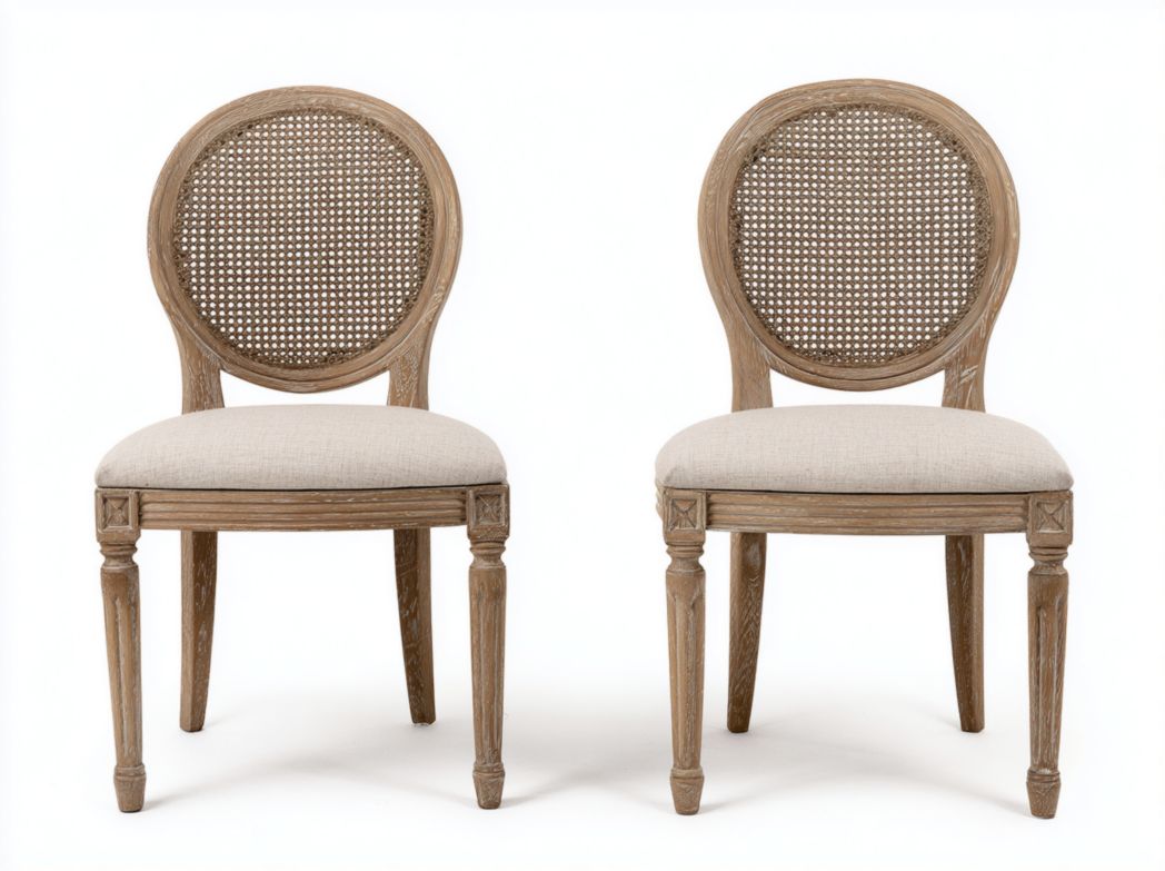 Lot de 2 chaises en bois avec dossier rond en rotin et assise rembourrée beige